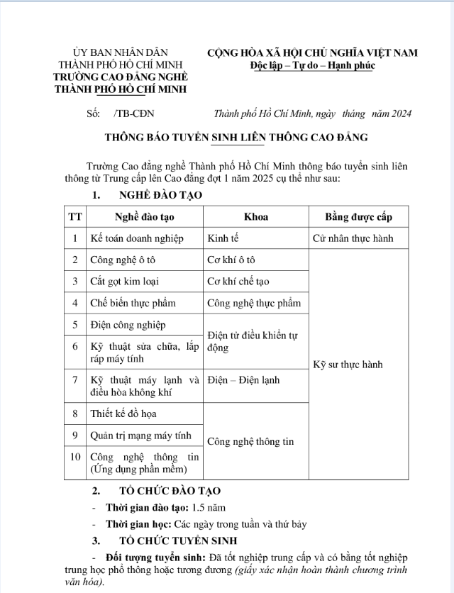 Thông báo tuyển sinh liên thông Cao đẳng Đợt 1 năm 2025